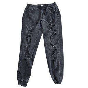 Forever 21 High Rise Jogger Jeans Womens S Charcoal Distressed‎ Stretch Denim